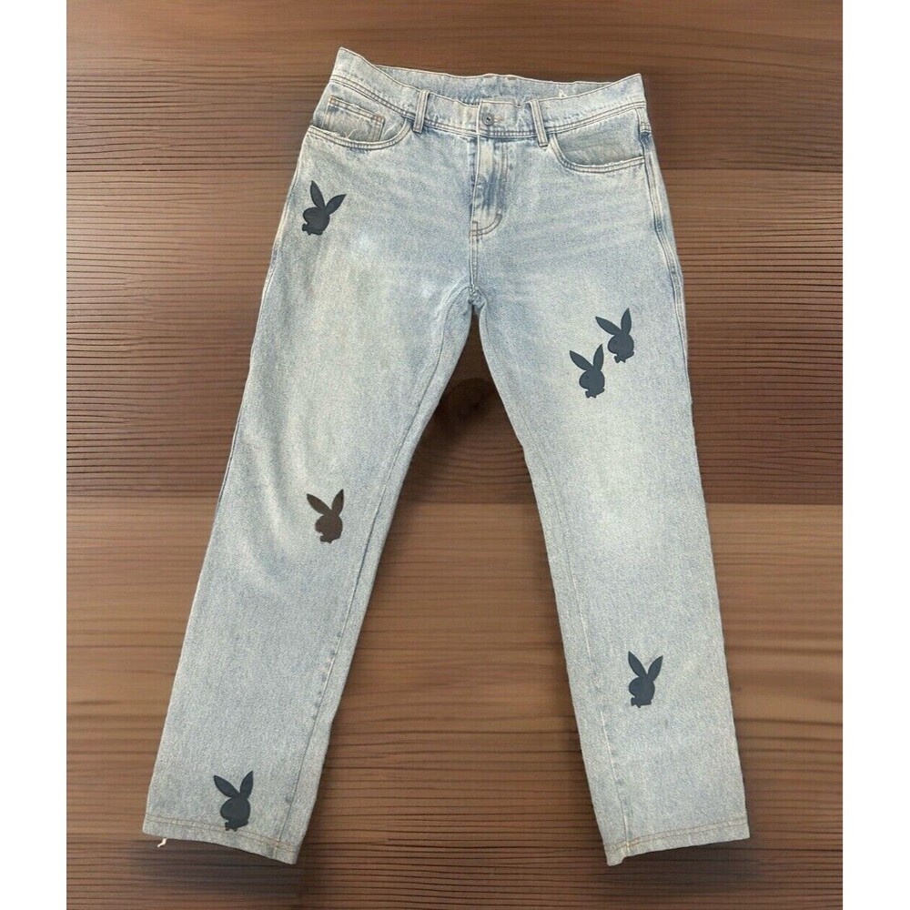 Playboy X Pleasures Black Leather Bunny Applique Denim Jeans Men’s Size 34 RARE